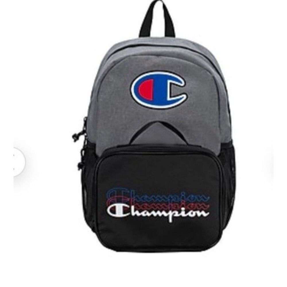 CHAMPION MUNCH Youth Kids 17" Backpack Lunchbag COMBO Black Gray HTF Color NWT